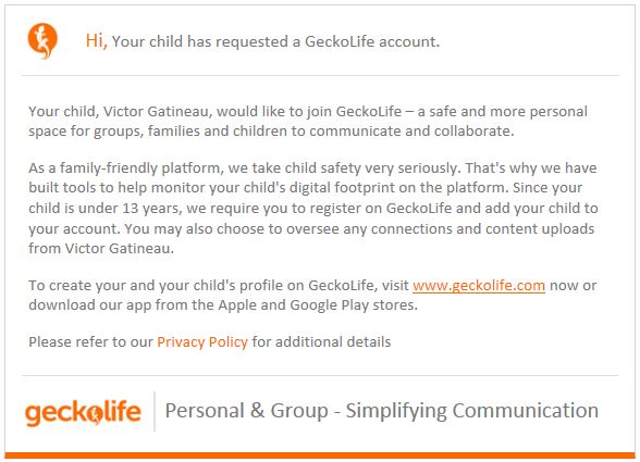 GeckoLife.com image shows request message sent to parents when child asks to open an account.