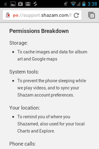 Shazam on Android permissions breakdown