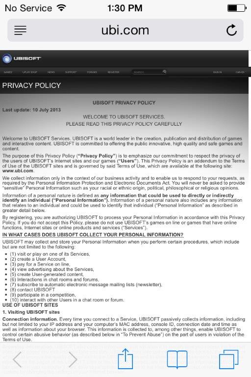 Ubisoft privacy policy on Android