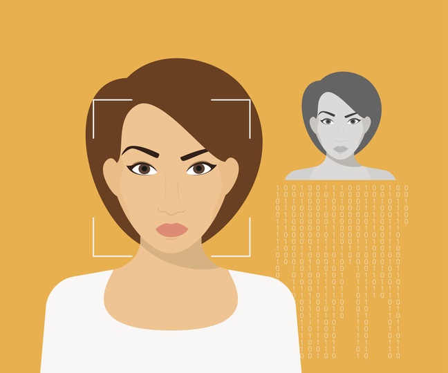 There is a cartoon picture of a woman with a frame around her face, indicating that facial recognition technology is analyzing it. Beside this picture, there is another picture of the women without the frame. There is a stream of zeros and ones flowing out of this picture.