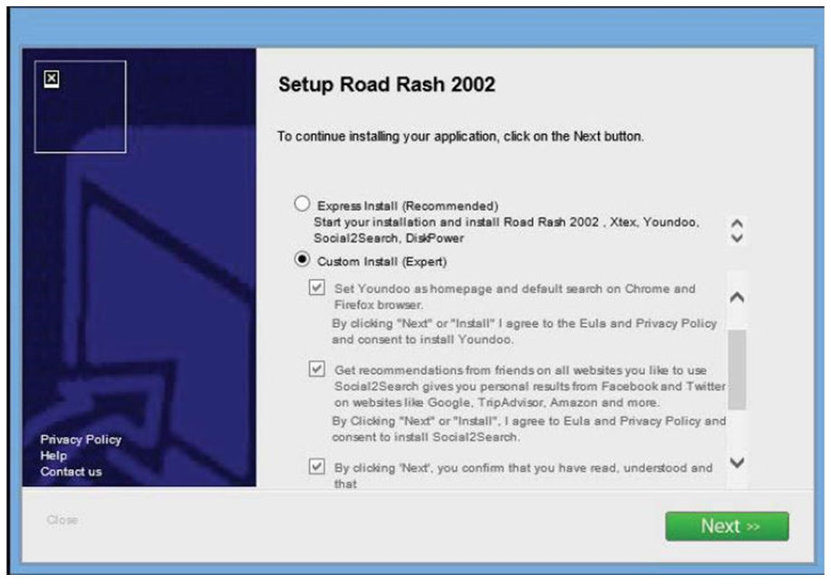 Figure 6 : Social2Search et autres logiciels proposés au cours de l’installation du gratuiciel Road Rash 2002 offert par le distributeur Amonetize.