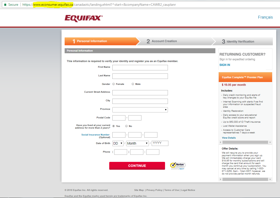 Figure 2. A screen-capture of the Equifax GCS portal on Equifax.ca, as described in paragraph 102.