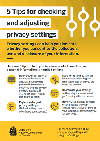 Printable information card: 5 Tips for checking and adjusting privacy settings. Description follows.