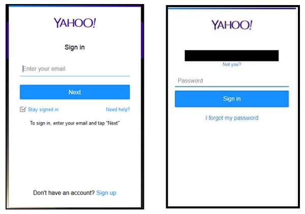 Cette image représente la page de connexion de Yahoo sur laquelle l’utilisateur dont inscrire son adresse courriel et son mot de passe. Elle est disponible en anglais seulement.
