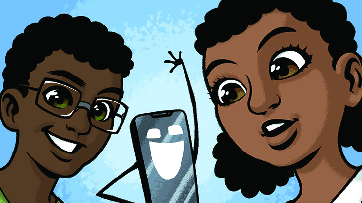 Deux jeunes enfants avec un téléphone cellulaire - fait partie de la courverture de la nouvelle bande dessinée