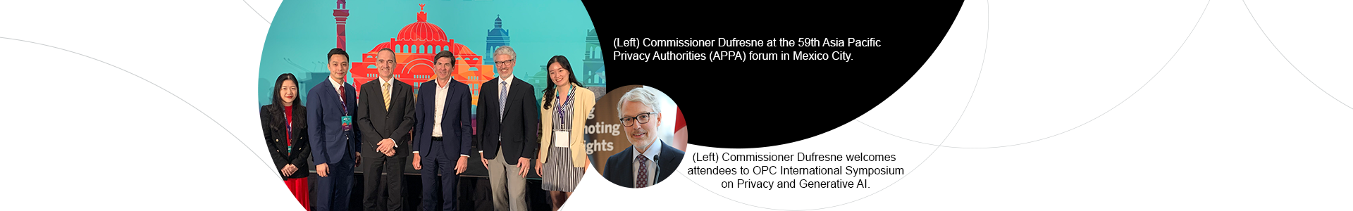 Commissioner Dufresne at the 59th Asia Pacific Privacy Authorities (APPA) forum; Commissioner welcomes attendees to OPC International Symposium on Privacy and Generative AI; and photos of Symposium panelists and participants.