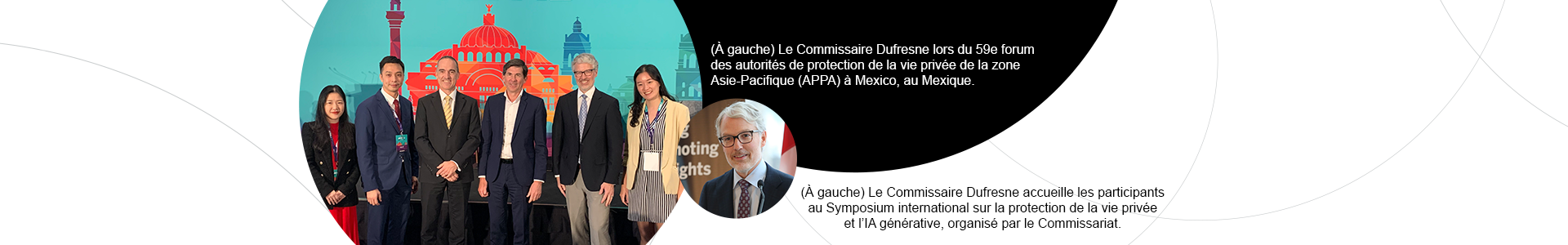 Le Commissaire Dufresne lors du 59e forum des autorités de protection de la vie privée de la zone Asie-Pacifique (APPA); le Commissaire accueille les participants au Symposium international sur la protection de la vie privée et l’IA générative du Commissariat; et photos des panélistes et des participants au symposium.