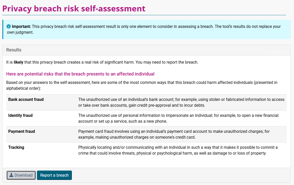 Figure 1: Privacy breach risk self-assessment